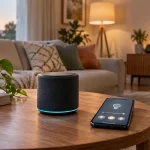 Altavoz inteligente y teléfono con controles de iluminación en una sala de estar