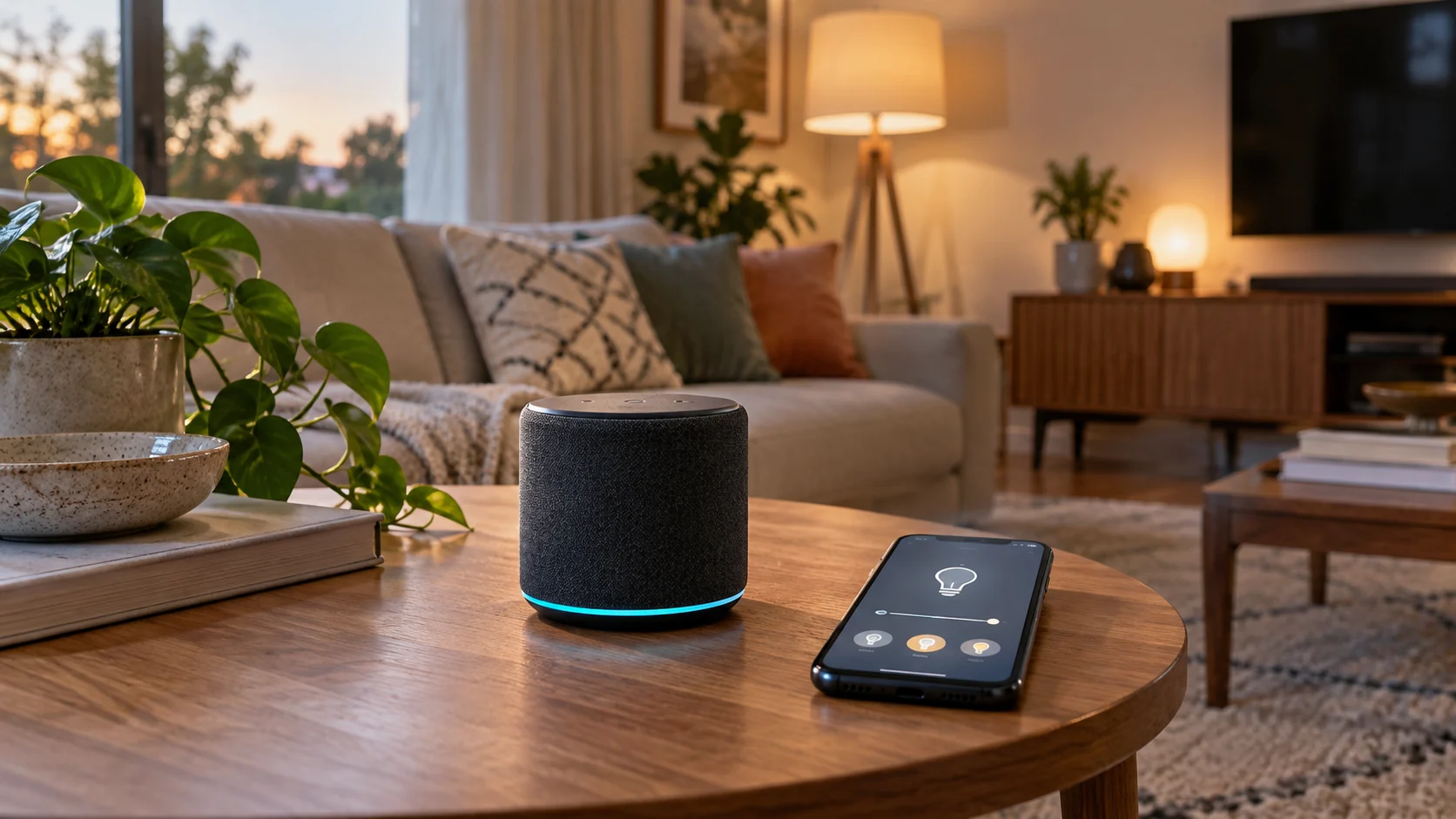 Altavoz inteligente y teléfono con controles de iluminación en una sala de estar