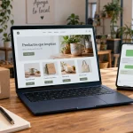 Computadora con un sitio web y teléfono con mensajes en el escritorio de un pequeño negocio