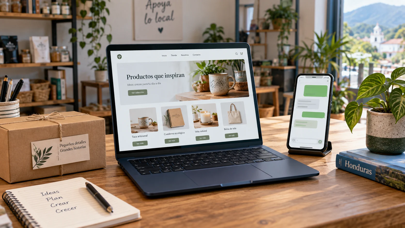 Computadora con un sitio web y teléfono con mensajes en el escritorio de un pequeño negocio