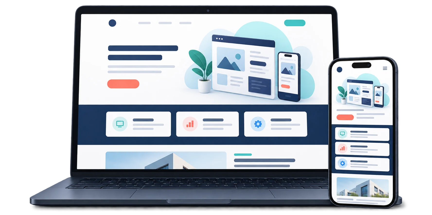 Ilustración de un sitio web adaptable a computadora y teléfono móvil