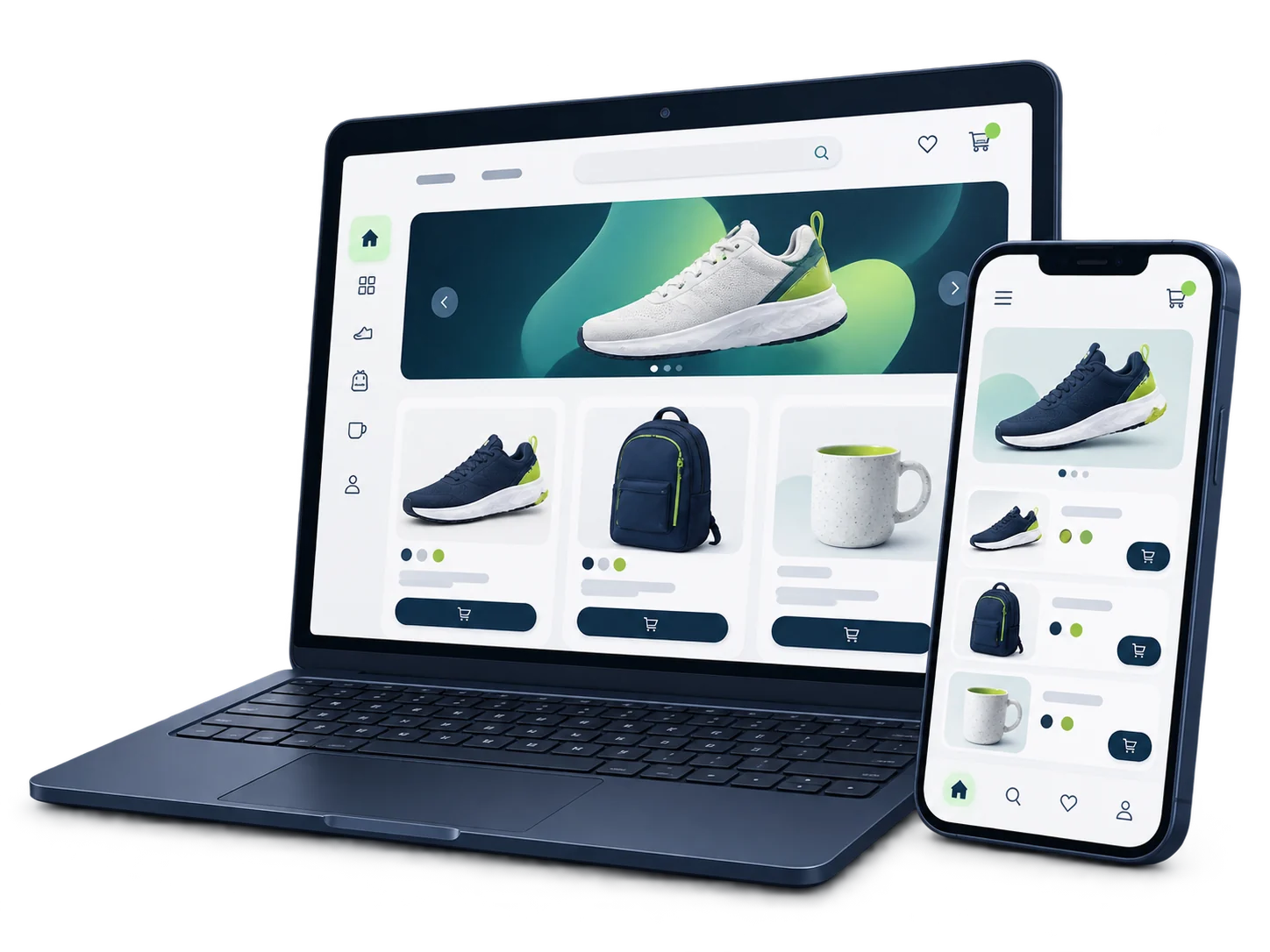 Ilustración de una tienda en línea con catálogo de productos en computadora y teléfono